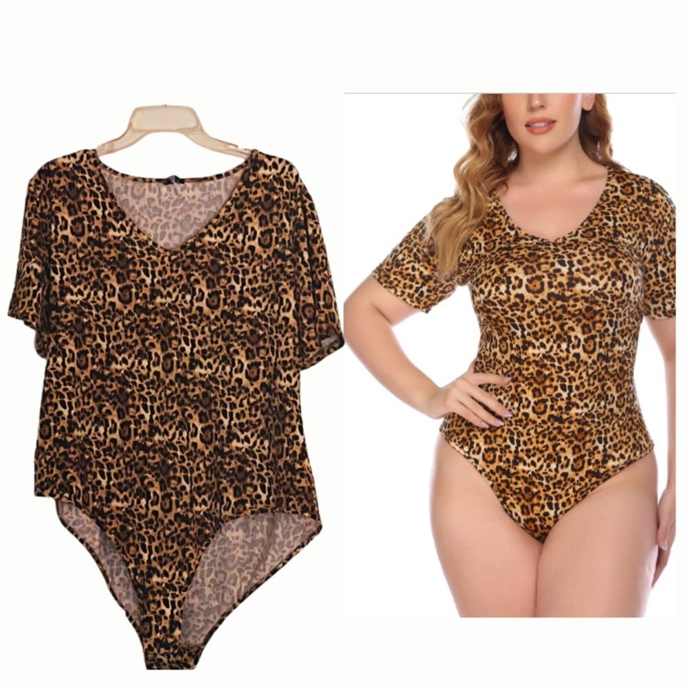 IN'VOLAND Short Sleeve Leopard Print Bodysuit Soft Stretch Snap Crotch 24W